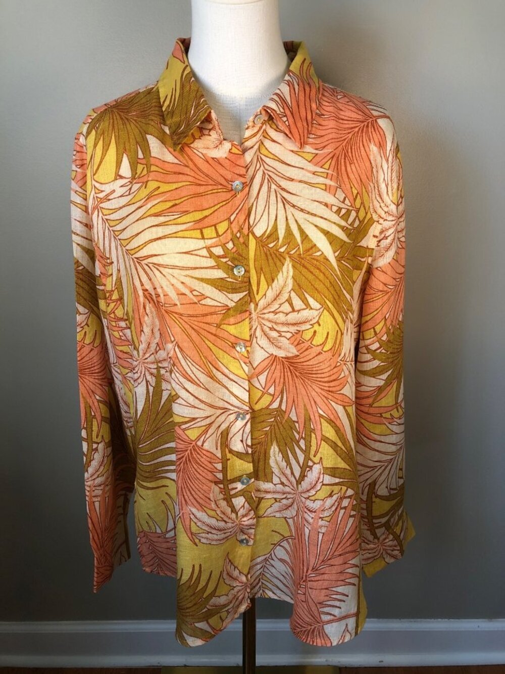 Tahari European Linen Orange Yellow Tropical Button Down Shirt L Coastal Grandma